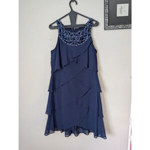 S.L. Fashions Navy Blue Embellished Tiered Dress Size 12, women's